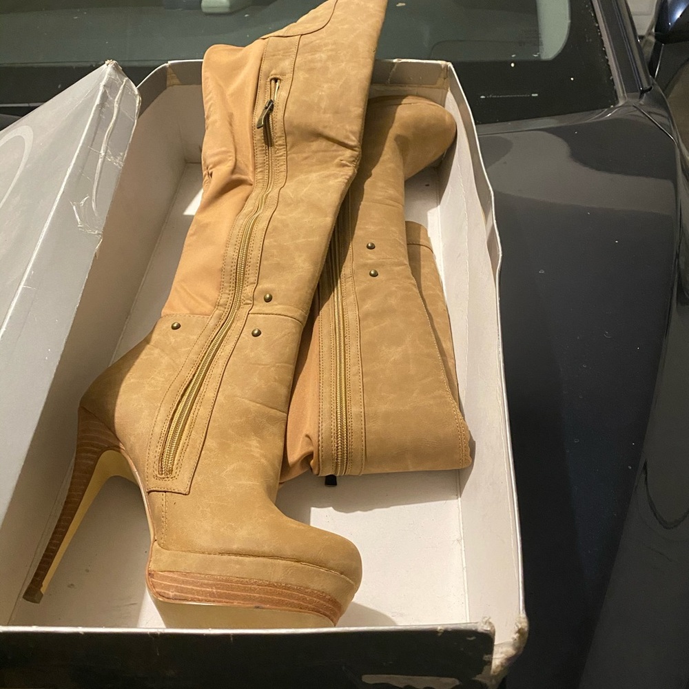 Above knee high heeledTan boots - good condition